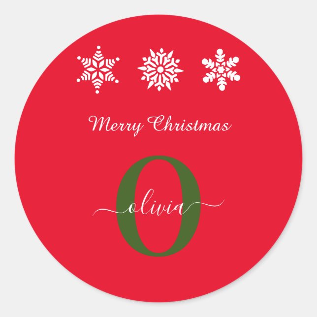 Red White Green Monogram Script Frohe Weihnachten Runder Aufkleber (Vorderseite)