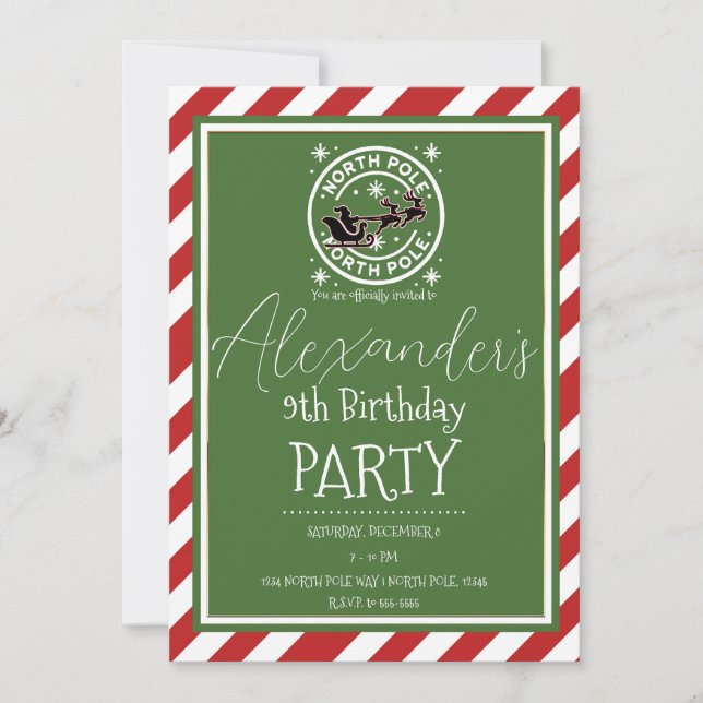Red White Green North Pole Holiday Birthday Party Einladung (Vorderseite)