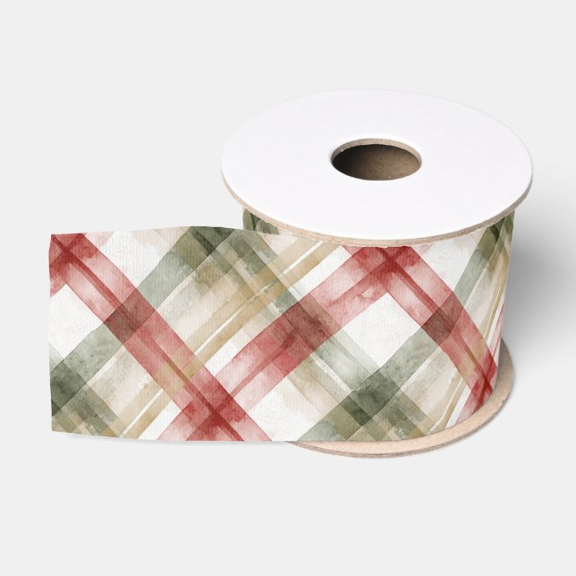 Red White Green Plaid Stripes Christmas Ripsband (Spule)