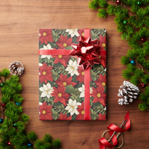 Red White Green Poinsettia Blume Muster Geschenkpapier