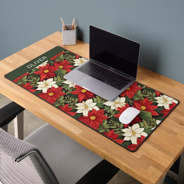 Red White Green Poinsettia Blume Muster Name Schreibtischunterlage (Büro 2)