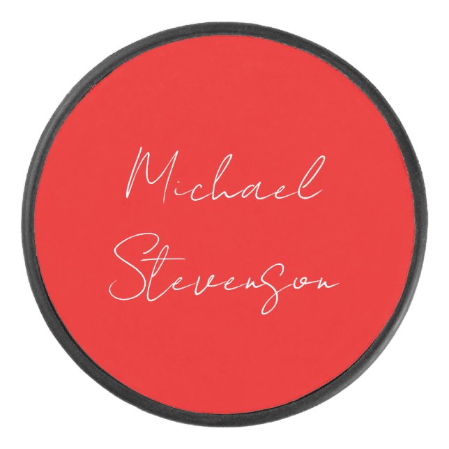 Red White Handschriftlich Minimalistisch Ihren Nam Eishockey Puck (Vorderseite)