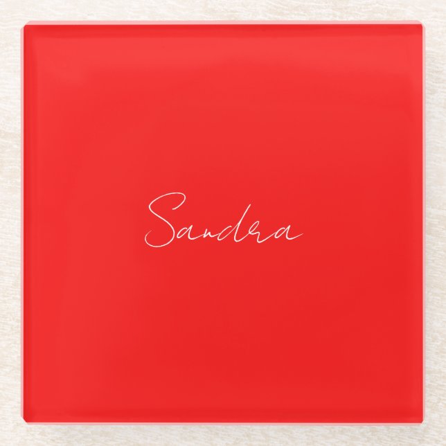Red White Handschriftlich Minimalistisch Ihren Nam Glasuntersetzer (Vorderseite)