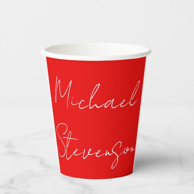 Red White Handschriftlich Minimalistisch Ihren Nam Pappbecher (Vorderseite)