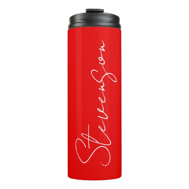 Red White Handschriftlich Minimalistisch Ihren Nam Thermosbecher (Vorderseite)