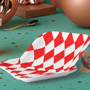 Red White Harlequin Diamonds Schachbretts Design Pappteller
