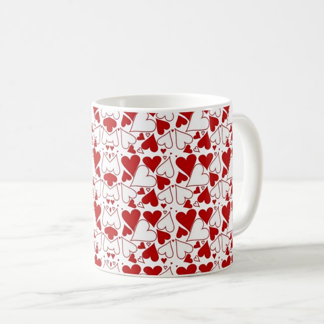 Red & White Heart Pattern Love-Themed Kaffeetasse (VorderseiteRechts)