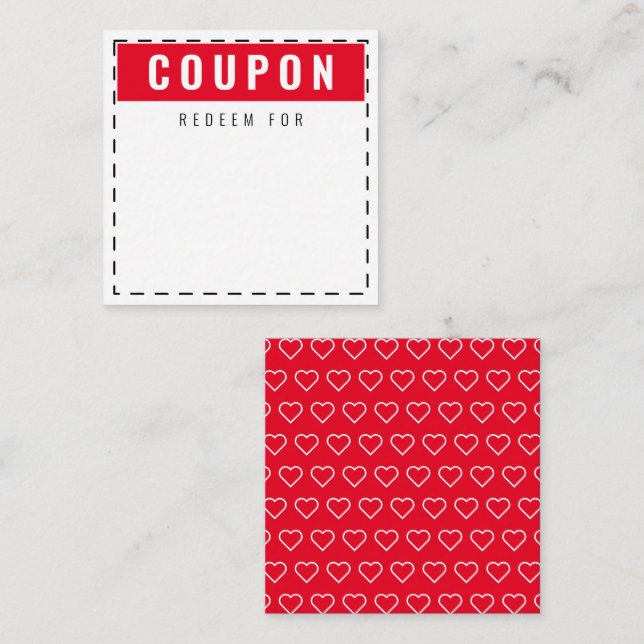 Red & White Hearts Muster Moderne Leere Coupons Mitteilungskarte (Vorne/Hinten)
