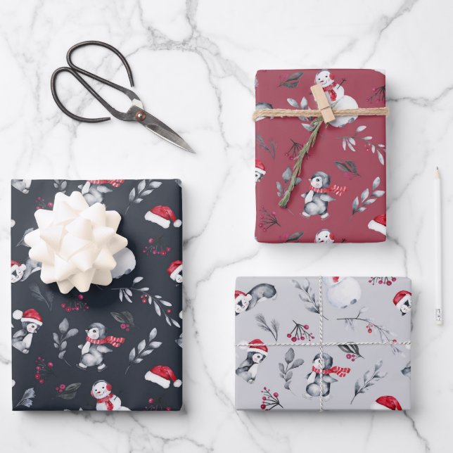 Red &amp; White Holiday Pinguine &amp; Snowmen Geschenkpapier Set (Vorderseite)