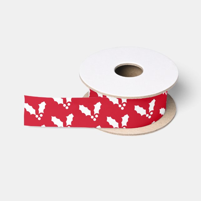 Red & White Holly Pattern Satin Ribbon Satinband (Spule)