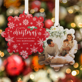 Red White Holly Snowflakes Frohe Weihnachts-Foto Ornament Karte