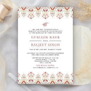 Red White Ikat Anand Karaj Sikh Wedding Einladung