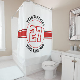 Red, white jersey number, team, player name sports duschvorhang