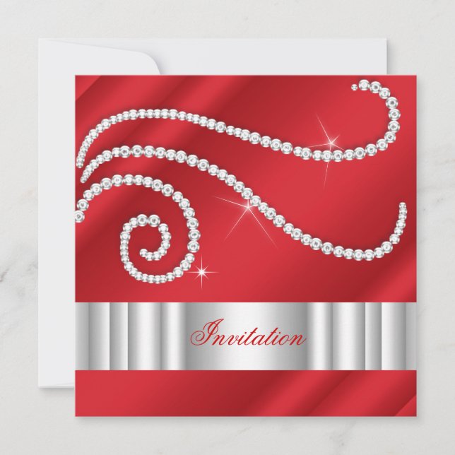 Red White Jewel Diamonds Silver Birthday Einladung (Vorderseite)