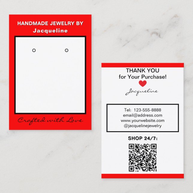 Red White Jewelry Earrings Website QR Code Visitenkarte (Vorne/Hinten)