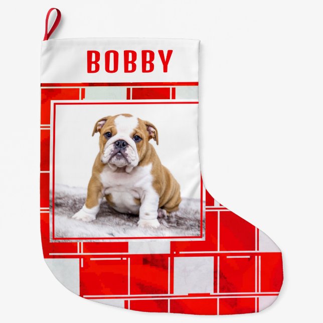 Red White Kariert Bulldog Dog Foto Frohe Weihnacht Großer Weihnachtsstrumpf (Vorderseite)