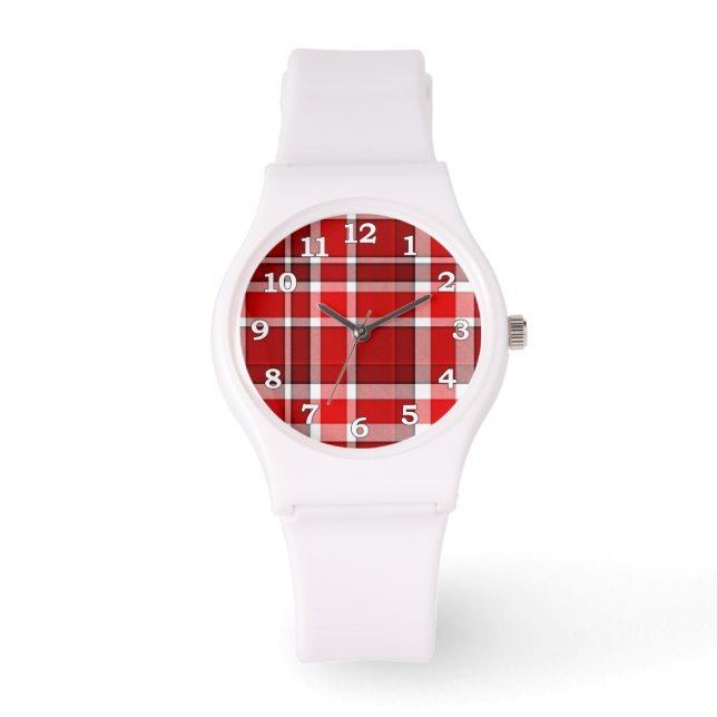 Red White Kariert Tartan Armbanduhr (Vorderseite)