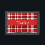Red White Kariert Tartan | Name hinzufügen Trifold Geldbörse<br><div class="desc">Dieses karierte rote und weiße Design hat ein sich wiederholendes,  überprüftes / kartanisches Muster,  das leicht strukturiert ist. Es ist ein helles,  stilvolles kariertes Muster.</div>