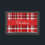 Red White Kariert Tartan | Name hinzufügen Trifold Geldbörse<br><div class="desc">Dieses karierte rote und weiße Design hat ein sich wiederholendes,  überprüftes / kartanisches Muster,  das leicht strukturiert ist. Es ist ein helles,  stilvolles kariertes Muster.</div>