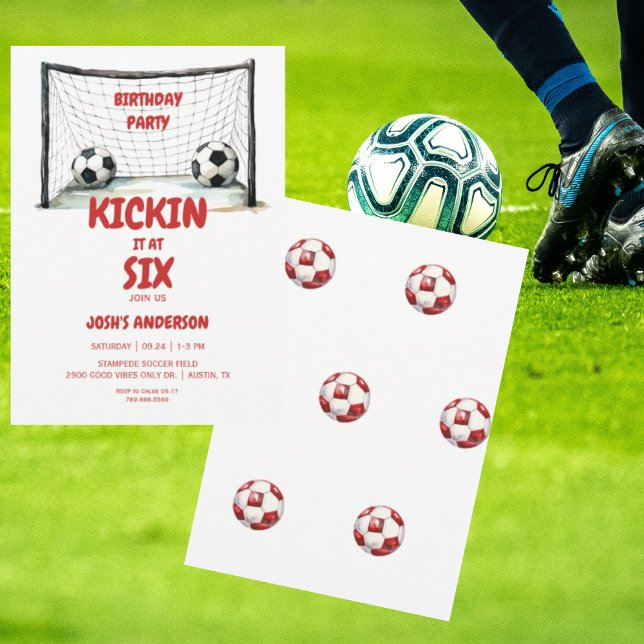 Red & White Kickin Soccer Geburtstagsparty Einladung (Von Creator hochgeladen)
