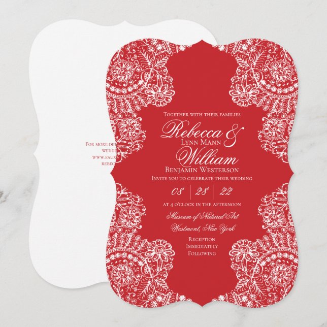 Red White Lace Elegante Wedding Einladung (Vorne/Hinten)