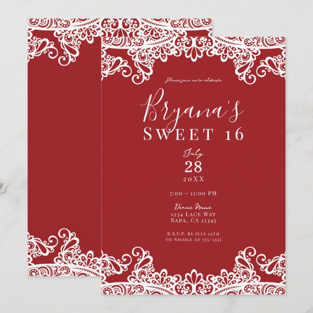Red & White Lace Masquerade Sweet 16 Party Einladung (Vorne/Hinten)