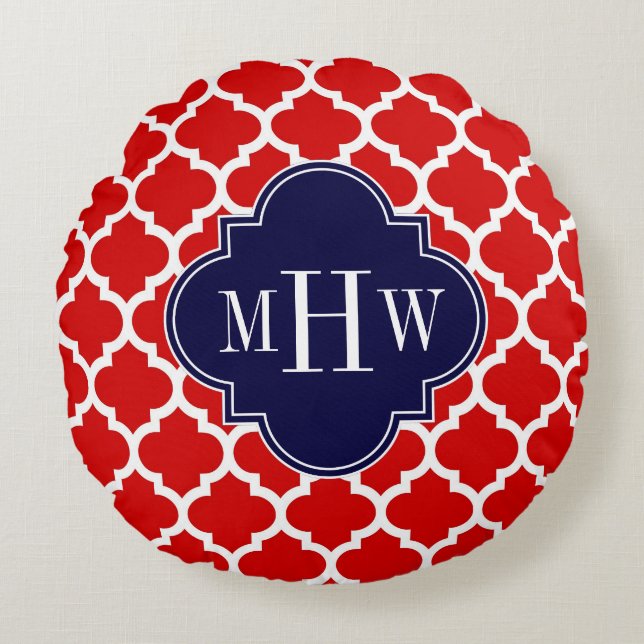 Red White Marokcan #5 Navy Blue 3 Initial Monogram Rundes Kissen (Vorderseite)