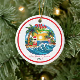 Red White Mele Kalikimaka Santa Surf Hawaiian Keramik Ornament