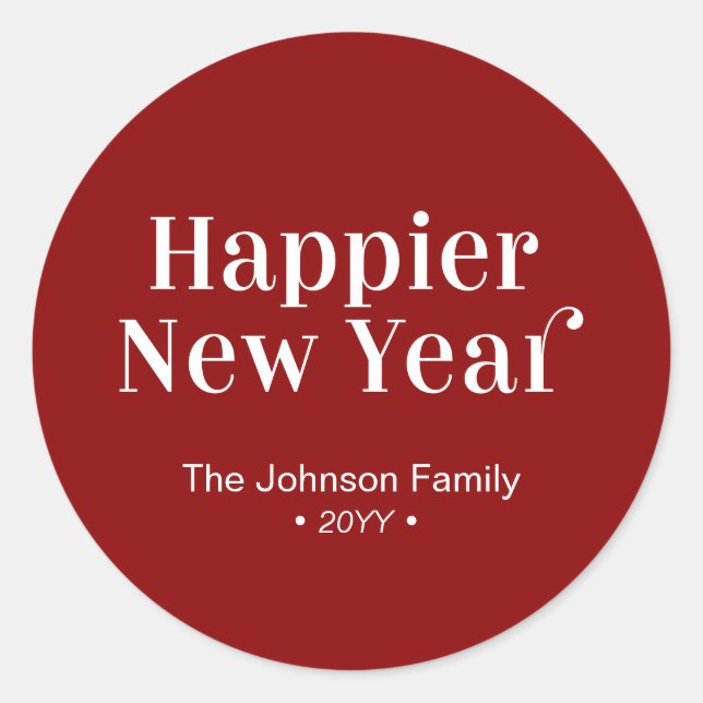 Red & White Modern Happy New Year Holiday Runder Aufkleber (Vorderseite)