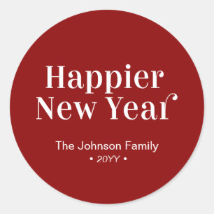 Red & White Modern Happy New Year Holiday Runder Aufkleber