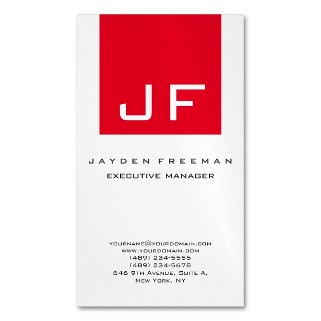 Red White Monogram Modern Minimalistisch Magnetische Visitenkarte (Vorderseite Vertikal)