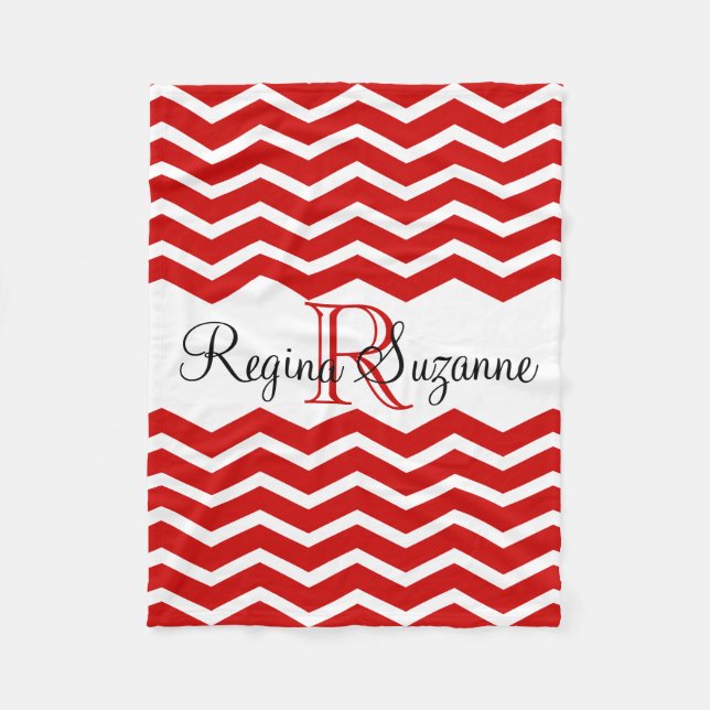 Red White Monogram Name Keepake Zickzack Fleecedecke (Vorderseite)