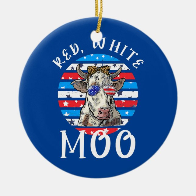 Red White Moo Niedlicher amerikanischer Kuh Bauer  Keramik Ornament (Vorne)
