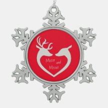 Red & White Mr & Mrs. Deer Couple Snowflake Pewter
