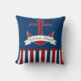 Red White Nautic Stripes Red Anchor Banner Kissen