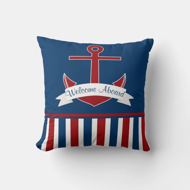 Red White Nautic Stripes Red Anchor Banner Kissen (Vorderseite)