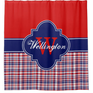Red White Navy Blue Madras Kariert 1ICB Ribbon Nam Duschvorhang