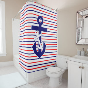 Red White & Navy Stripes W/Anchors Duschvorhang