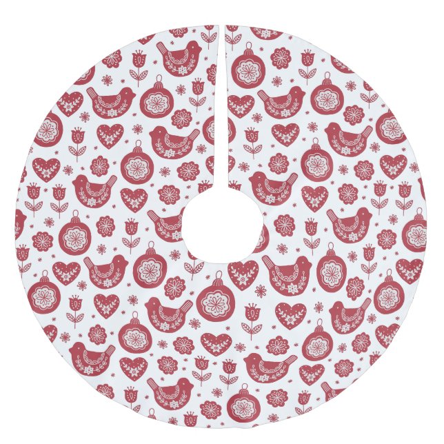 Red White Nordic Bird Bull Weihnachten Polyester Weihnachtsbaumdecke (Vorderseite)