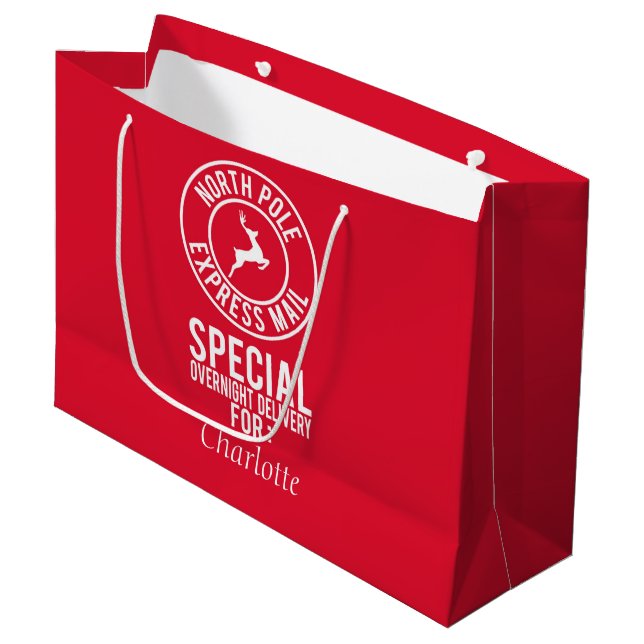 Red & White North Pole Express Mail Name Geschenkt Große Geschenktüte (Vorderseite Schrägansicht)