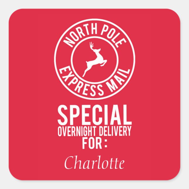 Red & White North Pole Express Mail Name Quadratischer Aufkleber (Vorderseite)