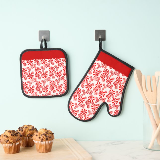 Red White Peppemint Holiday Pattern Küchentuch Ofenhandschuh & Topflappen-Set (Insitu (Hängend))