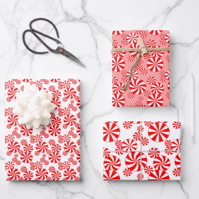 Red White Peppermint Candy Holdiay Pattern Geschenkpapier Set (Vorderseite)