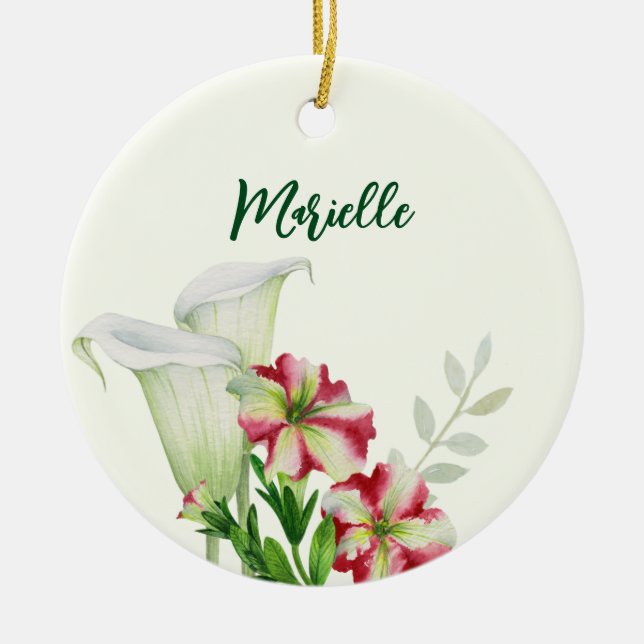 Red White Petunias and Calla Lilies Illustration Keramik Ornament (Vorne)