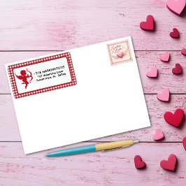 Red & White Plaid Gingham Valentine Cupid & Bow Adressaufkleber