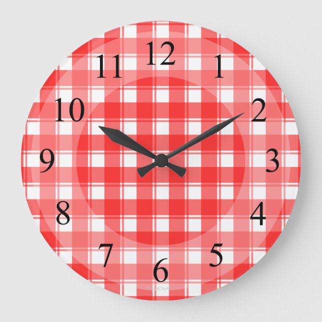 Red White Plaid Retro Kitchen Clock Große Wanduhr (Vorderseite)