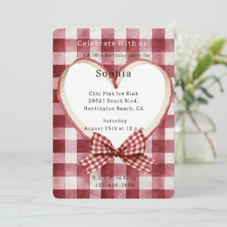Red White Plaid Stripes Heart Birthday Einladung