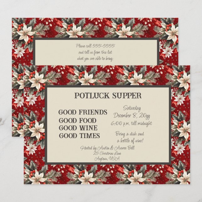 Red White Poinsettia Christmas POT LUCK Superior Einladung (Vorne/Hinten)
