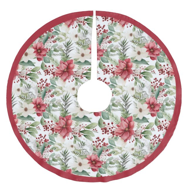 Red White Poinsettia Muster Weihnachten Polyester Weihnachtsbaumdecke (Vorderseite)