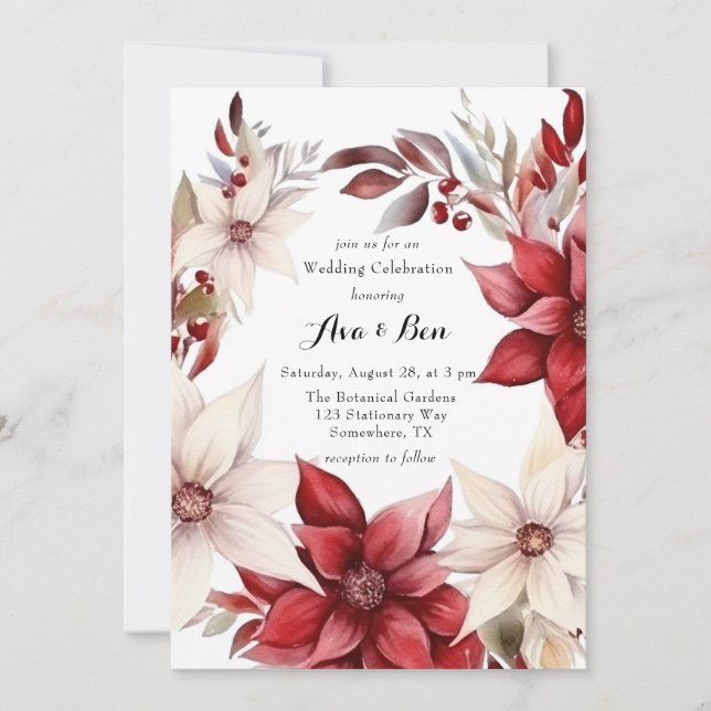 Red White Poinsettia Wreath Wedding Celebration Einladung (Vorderseite)